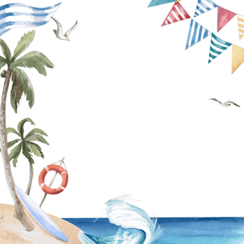 Square frame with seashore, palm tree and wave. Isolated watercolor illustration on the theme of beach holidays for design of tourist brochures, postcards, menu of coastal restaurants. png