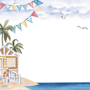 Square frame with beach house on the shore, palm tree, seagull. Isolated watercolor illustration on the theme of beach holidays for the design of tourist brochures, menus of coastal restaurants png