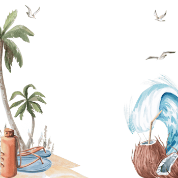 Square frame with palm trees, coconut palm, seagull. Isolated watercolor illustration on the theme of beach holidays for the design of tourist brochures, postcards, menus of coastal restaurants png