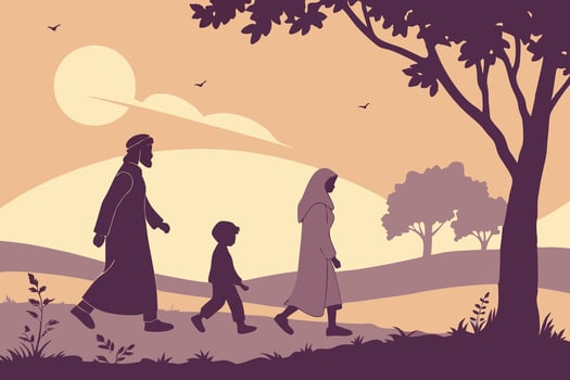 Muslim family walking outdoors at sunset vector