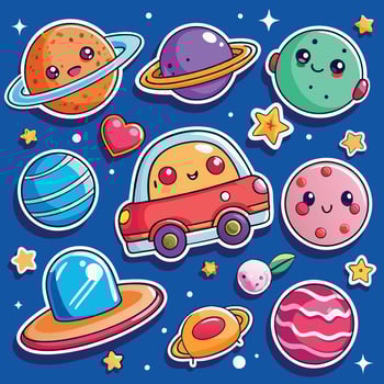 Cute Cartoon Sticker Set Featuring Planets Cars and Candies vector