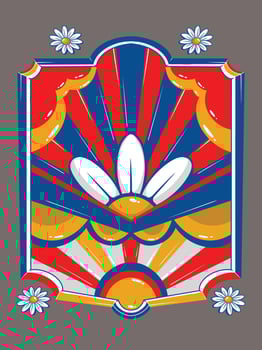 Retro Floral Geometric Art with Sunburst and Daisies vector