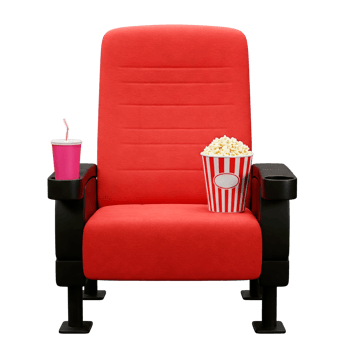 Front view of a Red cinema seat with popcorn and a soda cup cut out png