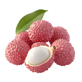 Several ripe lychee fruits with one opened displaying white flesh png