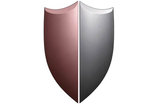 Dual-Colored Metallic Shield with Rose Gold and Silver Gradient Panels and Three-Dimensional Curved Design on Transparent Background png