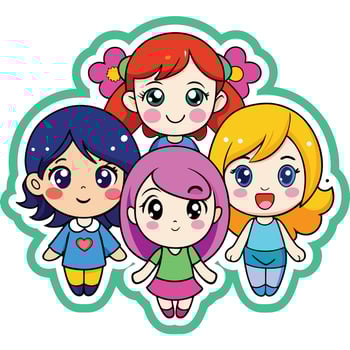Adorable Cartoon Sticker Depicting Four Cheerful Girls on a Pristine White Background vector