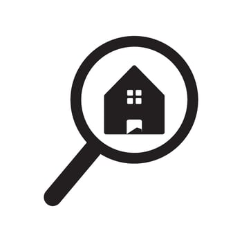 Magnifying glass and house building logo. House search logo vector