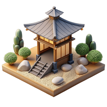 vibrant creative Japanese Zen garden with traditional tea house, raked gravel, bonsai trees, soft diffused light, serene, detailed png
