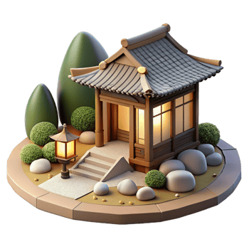 impressive minimalist Japanese Zen garden with traditional tea house, raked gravel, bonsai trees, soft diffused light, serene, 4K png