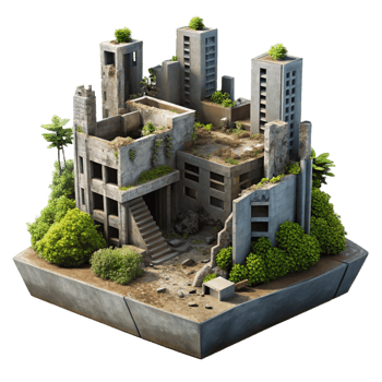 vibrant classic Post-apocalyptic ruined city, overgrown with vegetation, crumbling buildings, muted daylight, desolate, exclusive png
