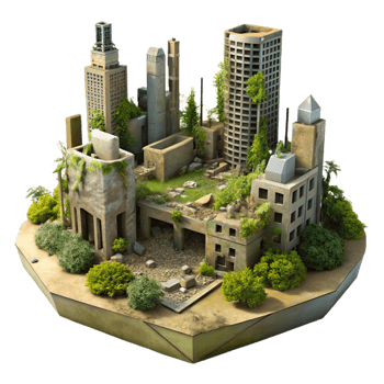magnificent modern Post-apocalyptic ruined city, overgrown with vegetation, crumbling buildings, muted daylight, desolate, high quality png