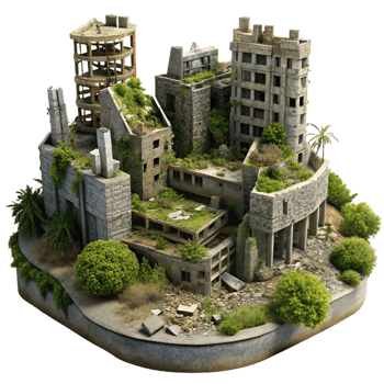 dramatic rustic Post-apocalyptic ruined city, overgrown with vegetation, crumbling buildings, muted daylight, desolate, high resolution png