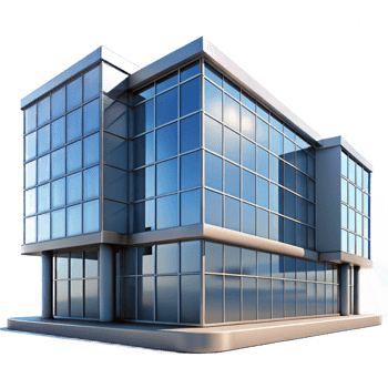 vibrant contemporary Modernist glass and steel office building, clean lines, reflections, bright daylight, corporate, high quality png