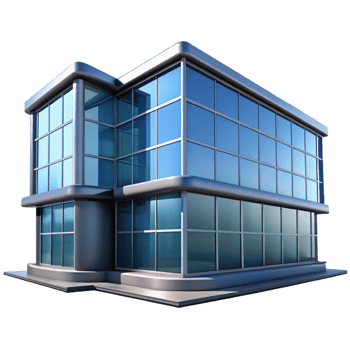 serene rustic Modernist glass and steel office building, clean lines, reflections, bright daylight, corporate, detailed png