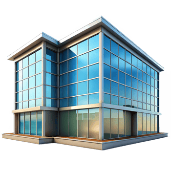 vibrant artistic Modernist glass and steel office building, clean lines, reflections, bright daylight, corporate, high quality png