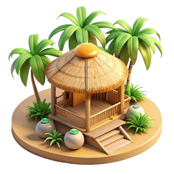 wonderful classic Bamboo and thatch eco-resort, tropical setting, warm sunlight, sustainable, 4K png