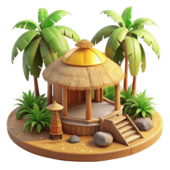 dramatic vintage Bamboo and thatch eco-resort, tropical setting, warm sunlight, sustainable, 4K png