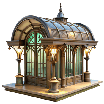 magnificent contemporary Art Nouveau metro station, ornate ironwork, stained glass, soft lighting, elegant, detailed png