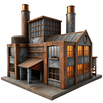 impressive modern Abandoned industrial factory, rusted metal, broken windows, dim lighting, gritty, high resolution png