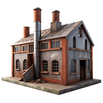 extraordinary rustic Abandoned industrial factory, rusted metal, broken windows, dim lighting, gritty, exclusive png