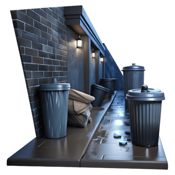 impressive vintage A dark alleyway with overflowing trash cans, rain streaking the walls, gritty urban noir scene professional png