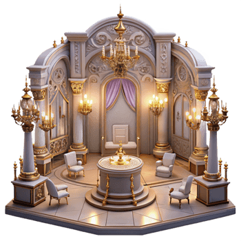 stunning rustic Baroque palace interior, opulent decorations, chandeliers, warm candlelight, lavish, high quality png