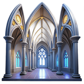 vibrant minimalist Gothic cathedral interior, soaring arches, stained glass windows, dramatic lighting, awe-inspiring, exclusive png