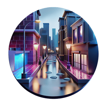 dramatic rustic A rain-soaked city street at night, reflecting neon signs, classic film noir setting exclusive png