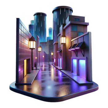 vibrant vintage A rain-soaked city street at night, reflecting neon signs, classic film noir setting authentic png