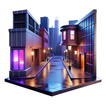 magnificent classic A rain-soaked city street at night, reflecting neon signs, classic film noir setting high resolution png