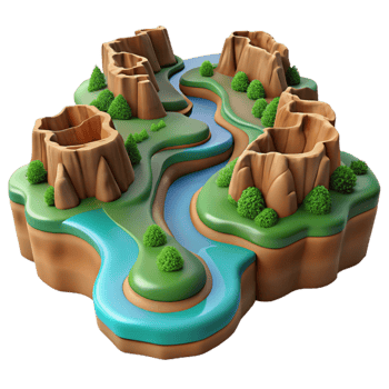 vibrant modern A winding river carving through a canyon, aerial view, vast landscape, realistic style exclusive png