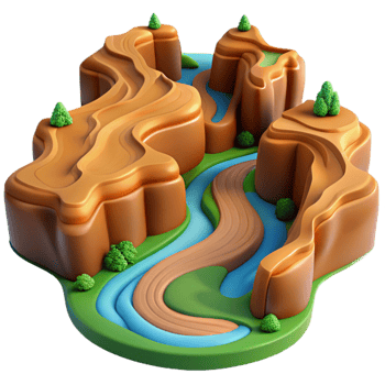 magnificent contemporary A winding river carving through a canyon, aerial view, vast landscape, realistic style original png