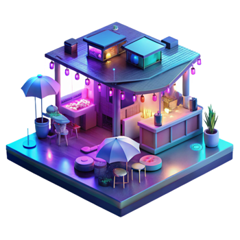 magnificent abstract Cyberpunk street market, neon signs, holographic projections, crowded, rainy night, original png