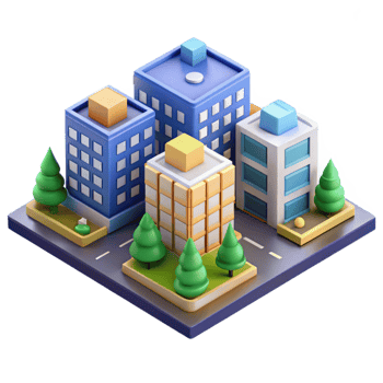 stunning modern Isometric city block, low-poly style, bright colors, stylized, authentic png