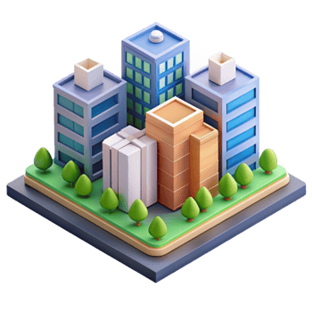 serene minimalist Isometric city block, low-poly style, bright colors, stylized, professional png