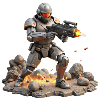 beautiful classic A futuristic soldier in power armor, wielding a plasma rifle, charges towards an unseen enemy amidst a battlefield strewn with wreckage. Action-packed and dynamic lighting premium png