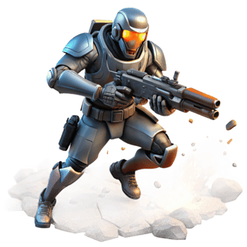 extraordinary modern A futuristic soldier in power armor, wielding a plasma rifle, charges towards an unseen enemy amidst a battlefield strewn with wreckage. Action-packed and dynamic lighting 4K png