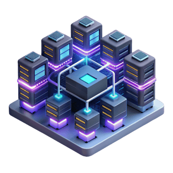 serene creative A network of interconnected servers with glowing data streams, complex wiring and circuitry, dark room with neon accents, cyberpunk style high resolution png