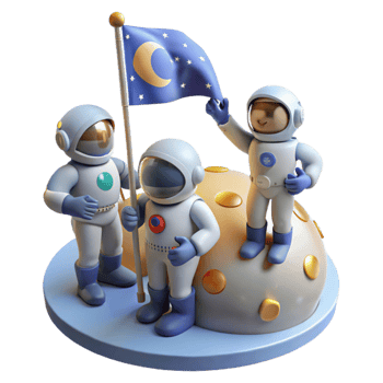 vibrant creative A group of astronauts plants a flag on a newly discovered planet. Bright, celebratory lighting. Realistic space suits and planet surface high resolution png