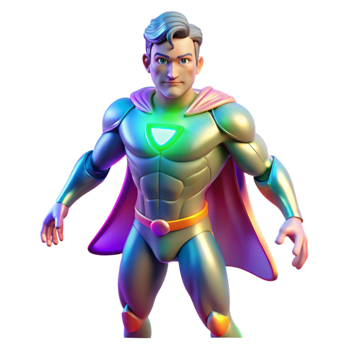 wonderful minimalist A shapeshifting superhero mid-transformation, with parts of their body changing form, lit with morphing, multicolored light in a transformative, surreal style high quality png
