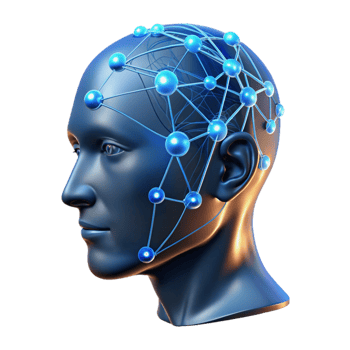 magnificent abstract A transparent human head with visible neural pathways, glowing with data streams, dark background with blue accents, scientific visualization style authentic png