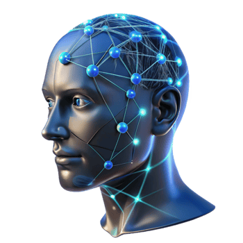 serene traditional A transparent human head with visible neural pathways, glowing with data streams, dark background with blue accents, scientific visualization style high quality png