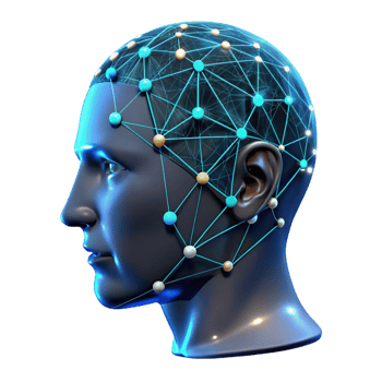 dramatic minimalist A transparent human head with visible neural pathways, glowing with data streams, dark background with blue accents, scientific visualization style 4K png