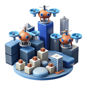 beautiful artistic A group of drones delivering packages in a futuristic city, aerial view, dynamic lighting, photorealistic style 4K png