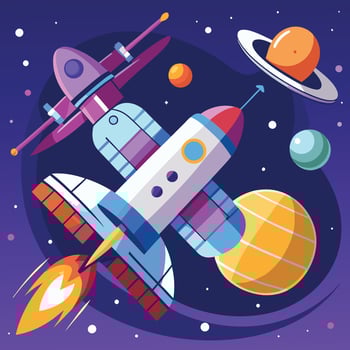 Space Shuttle Soaring Through Earth s Orbit with Satellite and Planet Companion vector