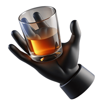 dramatic rustic A shadowy hand reaching for a glass of whiskey, lit from below, ominous noir style original png