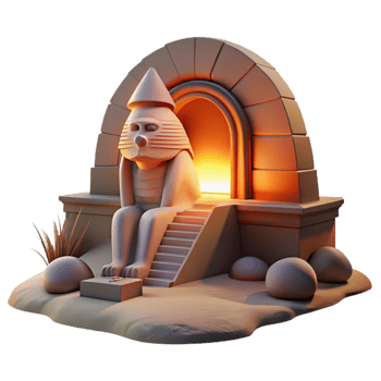 beautiful classic A mysterious sphinx guarding a hidden portal, desert sunset lighting, art deco style high quality png