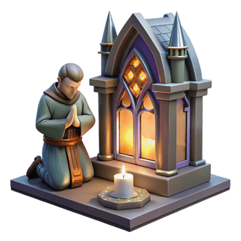 vibrant modern A solitary knight kneeling before a sacred altar, stained glass window lighting, medieval art style detailed png