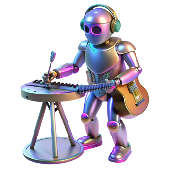 stunning modern Robot musician playing a holographic instrument, stage lighting, synthwave style original png