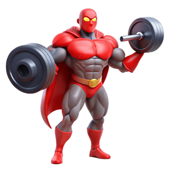 impressive traditional A super-strong superhero with rippling muscles and glowing red eyes, lifting a massive weight, bathed in a harsh, white light, in a dynamic, comic book style exclusive png
